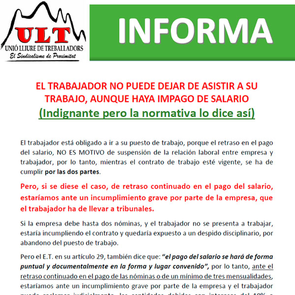 No se puede dejar de ir a trabajar aun sin pago de salario