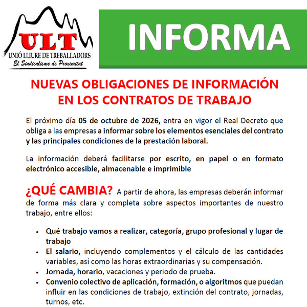 Nuevas obligaciones de información en los contratos de trabajo
