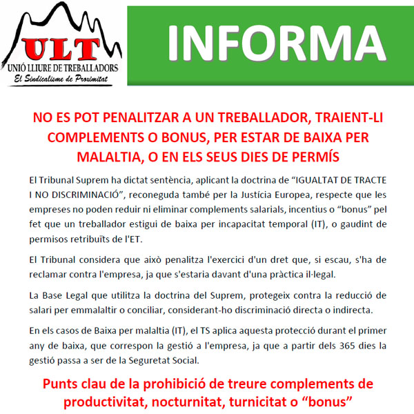 No es pot penalitzar salari per baixa o permís
