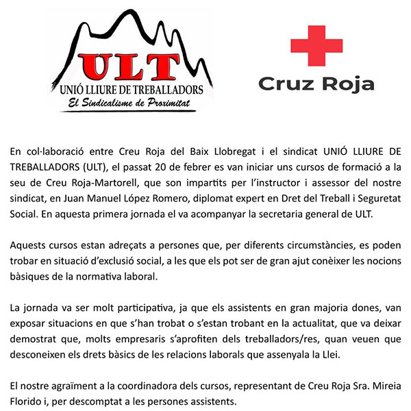 Col·laboració Sindicat ULT i Creu Roja del baix Llobregat